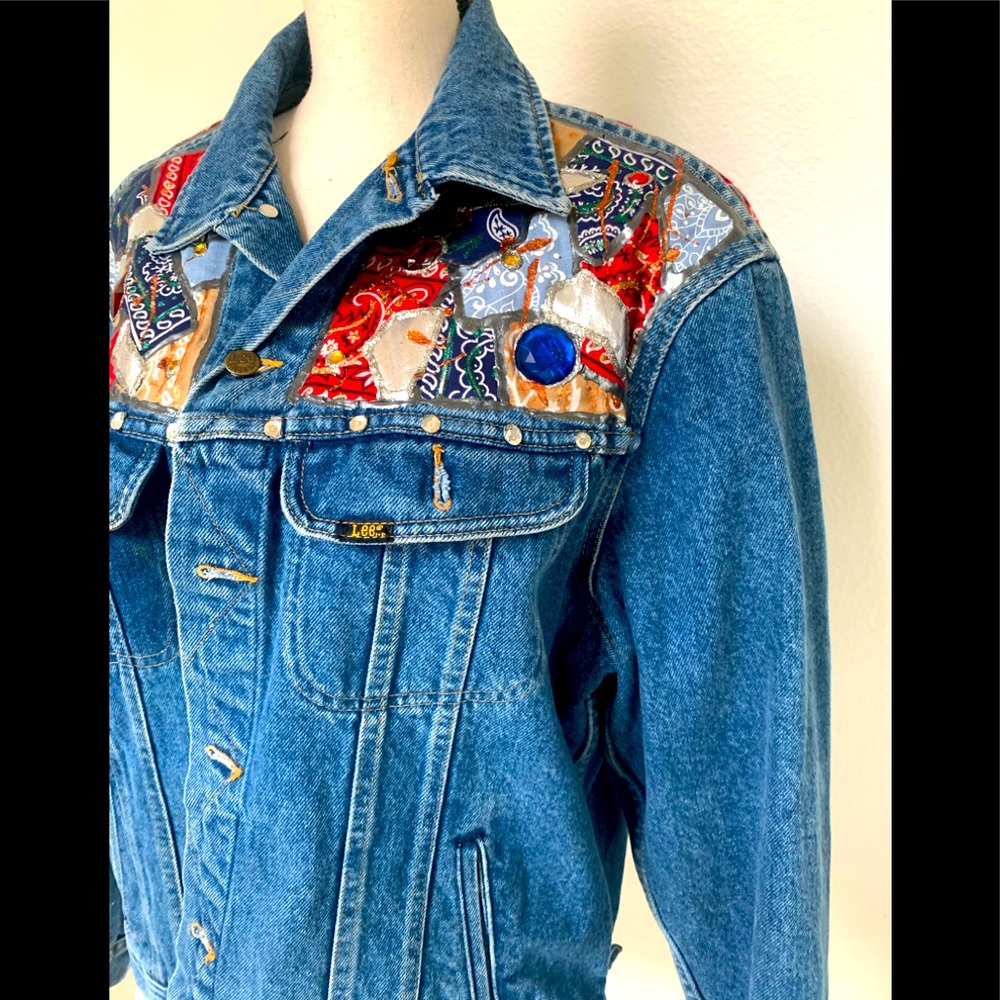 Vintage Lee Denim Jacket Bandana Patchwork Beaded Embellished Western Jean Jacke